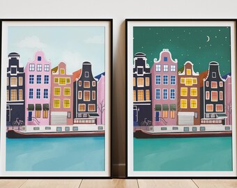 Set di stampe artistiche "Amsterdam giorno e notte": decorazione murale nei Paesi Bassi