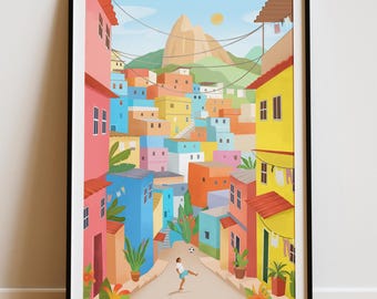 Rio de Janeiro Art Print: Brazil Travel Poster, Colorful Favelas (Digital Download)