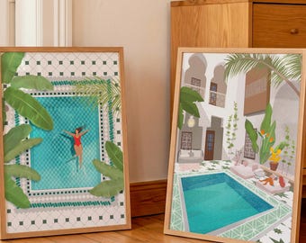 Moroccan Riad Art Print Set: Woman in Pool, Travel Poster