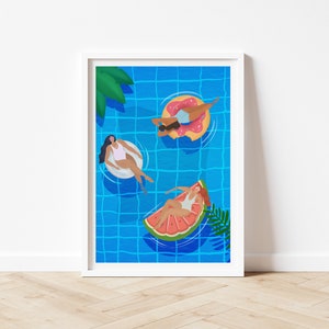 DRUCKBAR, Schwimmbad Damen, Sommer Wand Kunst Druck Illustration, digitaler Download, Sommer Wohnkultur