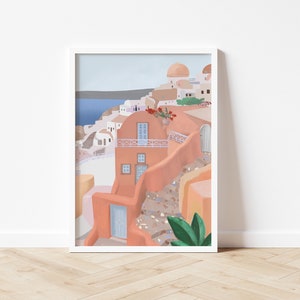 Lámina de Santorini, cartel de viaje, arte de pared de paisaje griego, decoración del hogar, ilustración de viajes, A4 / A3