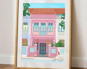 PRINTABLE Singapore Art Print, Asia Travel Poster, DIGITAL DOWNLOAD, Peranakan Shophouses Illustration
