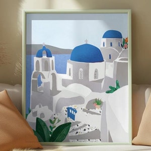 Lámina de Santorini, cartel de viaje, arte de pared de paisaje griego, decoración del hogar, ilustración de viajes, A4 / A3