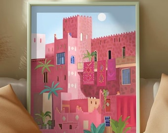 Wall Art Print Kasbah Marrakech, Morocco Decor, Travel art, Morocco illustration, Home Decor, Morroco Print