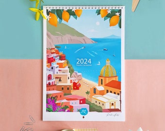 Wall Travel Calendar 2024, Monthly Calendar Planer, Travel illustrated calendar, Stationary