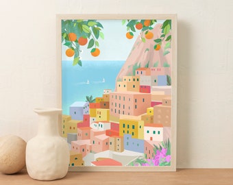 Italy, Art Print, Cinque Terre Wall Art, Travel poster, Amalfi Coast Illustration