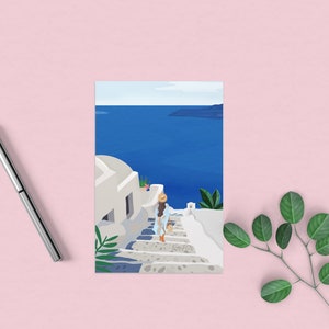 Cartão postal de Santorini, cartão de viagem da Grécia, presentes de papelaria, carros de impressão de arte, presente para ela