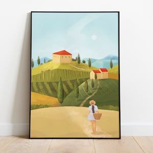 Printable Tuscany, Italy, Wall Art Print, Digital Download Poster illustration, Tuscany Landscape, Italy Art Print