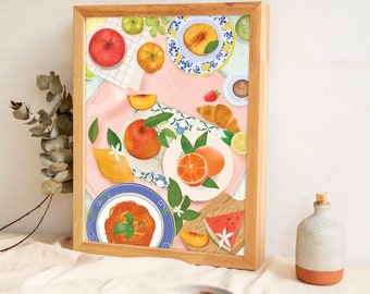 Summer Brunch Art Print, Kitchen Wall Art Print, Dining room Decor, Fruit Illustration Poster, Maximalist Decor