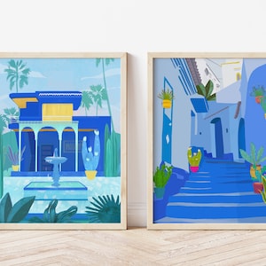Marruecos pared arte juego de 2, Chefchaouen, ciudad azul, Marruecos, Jardine Majorelle, Ysl, cartel de viaje, ilustración