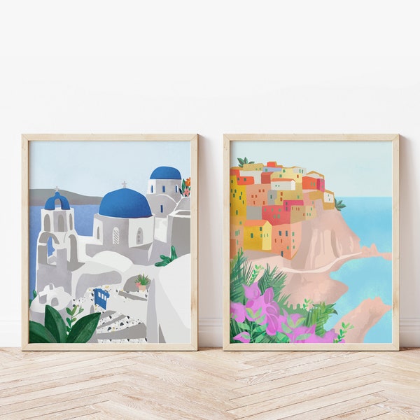 Travel Art Print Set of 2, Wall Poster, Santorini, Greece, Cinque Terre, Italy, Physical prints, Set, A4, A3