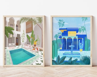 Morocco Wall Art Print Set of 2, Travel Wall decor, Marrakech Riad, Jardin Majorelle Ysl, Travel Poster