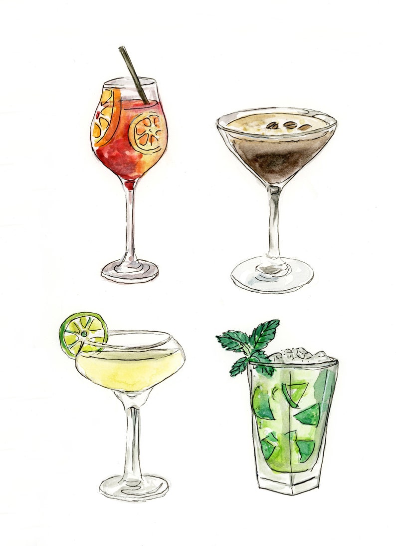 Cocktails Wall Art Alcohol Print Cocktail Watercolour Etsy
