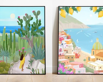 Monaco Garden and Positano Art Print Set of 2, Digital Download