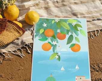 Impression d'art oranger de la côte amalfitaine : affiche de fruits de la Riviera italienne