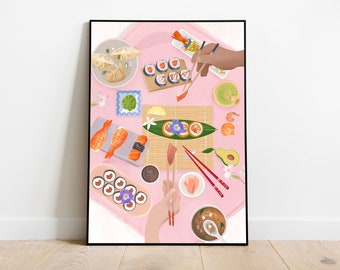 PRINTABLE  Food Art Print, Sushi Brunch illustration, DIGITAL DOWNLOAD, Kitchen Art, Wall Decor