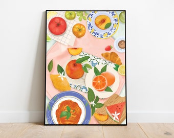 PRINTABLE  Summer Brunch Art Print, Kitchen Wall Art Print, DIGITAL DOWNLOAD, Dining room Decor, Fruit Illustration Poster, Maximalist Decor