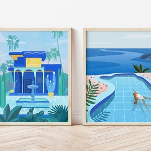 Juego de 2 impresiones de arte de pared, decoración de la pared del océano, cartel de viaje de Marruecos, decoración del hogar de verano