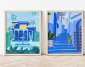 PRINTABLE Morocco Set of 2, Wall Art prints, Blue city, Majorelle garden, DIGITAL DOWNLOAD, Travel Wall decor