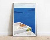 PRINTABLE Ocean Wall Art Print Illustration, Santorini Sunbathing Woman, Greece Travel Poster, DIGITAL DOWNLOAD, Summer Home Decor