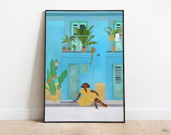 Havana, Cuba Wall Art print, Woman Illustration, Summer Home decor, Cuban Art, Gift for Her