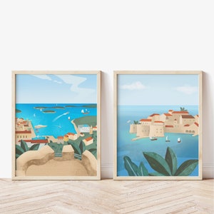 Juego de arte de viaje de 2, arte de pared, cartel de viaje, ciudad de Dubrivnik, ciudad de Hvar, impresiones físicas, A4, A3,
