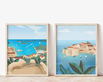 Travel art Set of 2, Wall art, Travel poster, Dubrivnik city, Hvar city, Physical Prints, A4, A3, Room decor