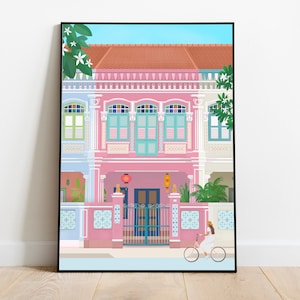 PRINTABLE Singapore Art Print, Asia Travel Poster, DIGITAL DOWNLOAD, Peranakan Shophouses Illustration