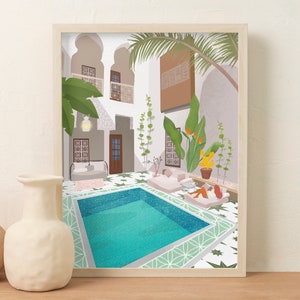 Riad de Marrakech, impresión del arte de la pared, cartel del viaje de Marruecos, decoración del hogar