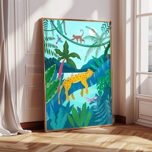 IMPRIMIBLE, impresión del arte de la pared del leopardo de la selva, ilustración botánica, del cuarto de niños, cartel de animales