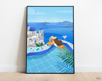 PRINTABLE Pool Girl, Wall Art, Greece, DIGITAL DOWNLOAD print, Summer art illustration, Ocean decor