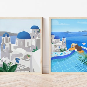 Juego de 2 impresiones de arte de pared de verano, impresión de Santorini, cartel de viaje de Grecia, decoración del hogar del océano