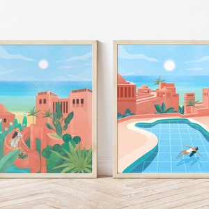 Impresión de arte de pared de verano juego de 2, Tenerife, España viaje cartel ilustración, Islas Canarias, océano decoración