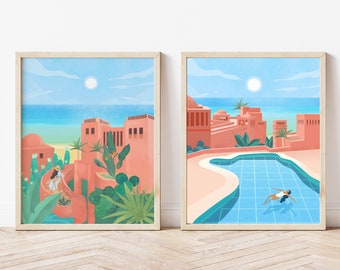 Summer Wall Art Print Set of 2, Tenerife, Spain Travel Poster Illustration, Canary Islands, Ocean Home Decor