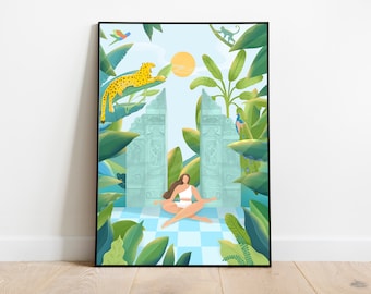 Jungle Zen Wall Art Print, Botanical Home decor, Yoga Woman Gift Idea, Illustration, Housewarming Gift