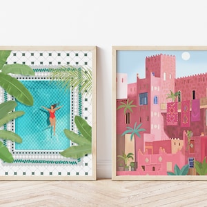 Marrakech Wall Art Print Set of 2, Travel Wall decor, Marrakech Riad, Kasbah, Woman in Pool, Travel Poster