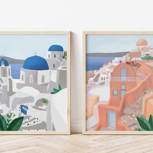 Impresiones de arte de pared de Santorini, juego de 2 impresiones de arte, cartel de viaje de Grecia, decoración del hogar, ilustración