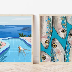 Ocean Wall Art, Set of 2 Prints, Wall Art Print Set, Home decor, Blue Wall Art, Coastal Decor, Sardines Print, Summer Home Decor