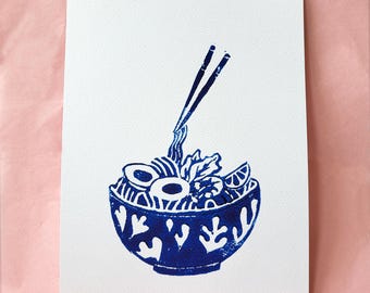 Blue Ramen Bowl Linocut Print: Handmade Foodie Art