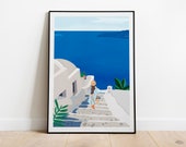 PRINTABLE Ocean Wall Art Print Illustration, Santorini, Greece Travel Poster, DIGITAL DOWNLOAD, Summer Home Decor