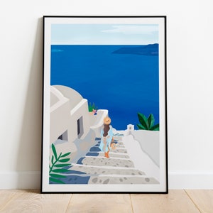 Ilustración de impresión de arte de pared de océano, cartel de viaje de Santorini, Grecia, decoración del hogar de verano