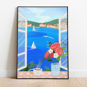 PRINTABLE Seaview Wall Art Print, Ocean Home decor, Summer Art, Vis island Croatia, Digital Download