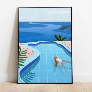 PRINTABLE Girl at Pool Printable Wall Art, DIGITAL DOWNLOAD, Printable Art Illustration, Summer swimming pool, Home Decor, Summer Decor
