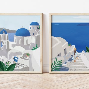 Oceano  Lámina de pared Set de 2 ilustraciones, cartel de viaje de Santorini, Grecia, decoración del hogar de verano