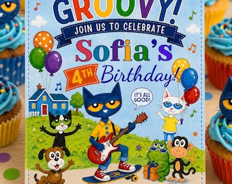ピート・ザ・キャットの誕生日招待状、音楽付きアニメーション誕生日招待状、サンキューカード編集可能 - 3-IN-1バンドル