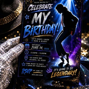 Michael Jackson Birthday Invitation, Animated Music Video Invitation & Thank You Card 3-IN-1 BUNDLE