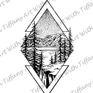 May include: Black and white line art illustration of a mountain landscape with a waterfall, trees, and a lake. The scene is framed by a geometric shape.