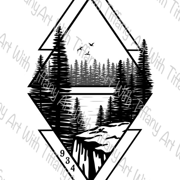 DIGITAL FILE: CUSTOM Geometric Lake with Pine Trees Tattoo Design