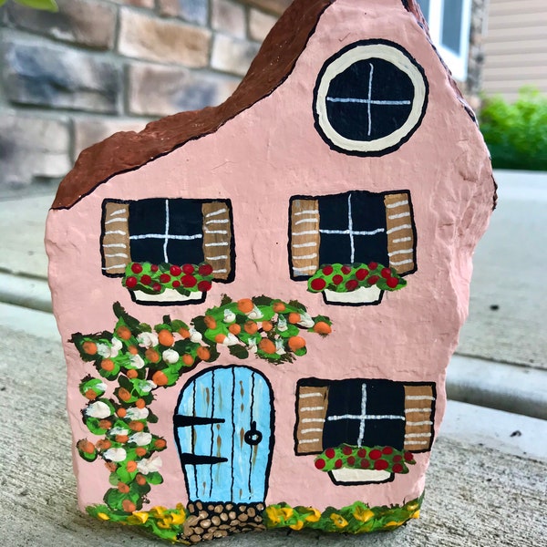 Elf Gnome House Acryl Rock Painting: Geschilderd Rock Fairy Garden Stone