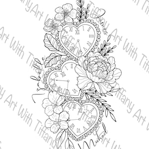May include: Black and white floral design featuring three heart-shaped clocks with Roman numerals. The design includes flowers, leaves, and the names "James" and "Michael" in script. The artwork is by "Tiffany Art".